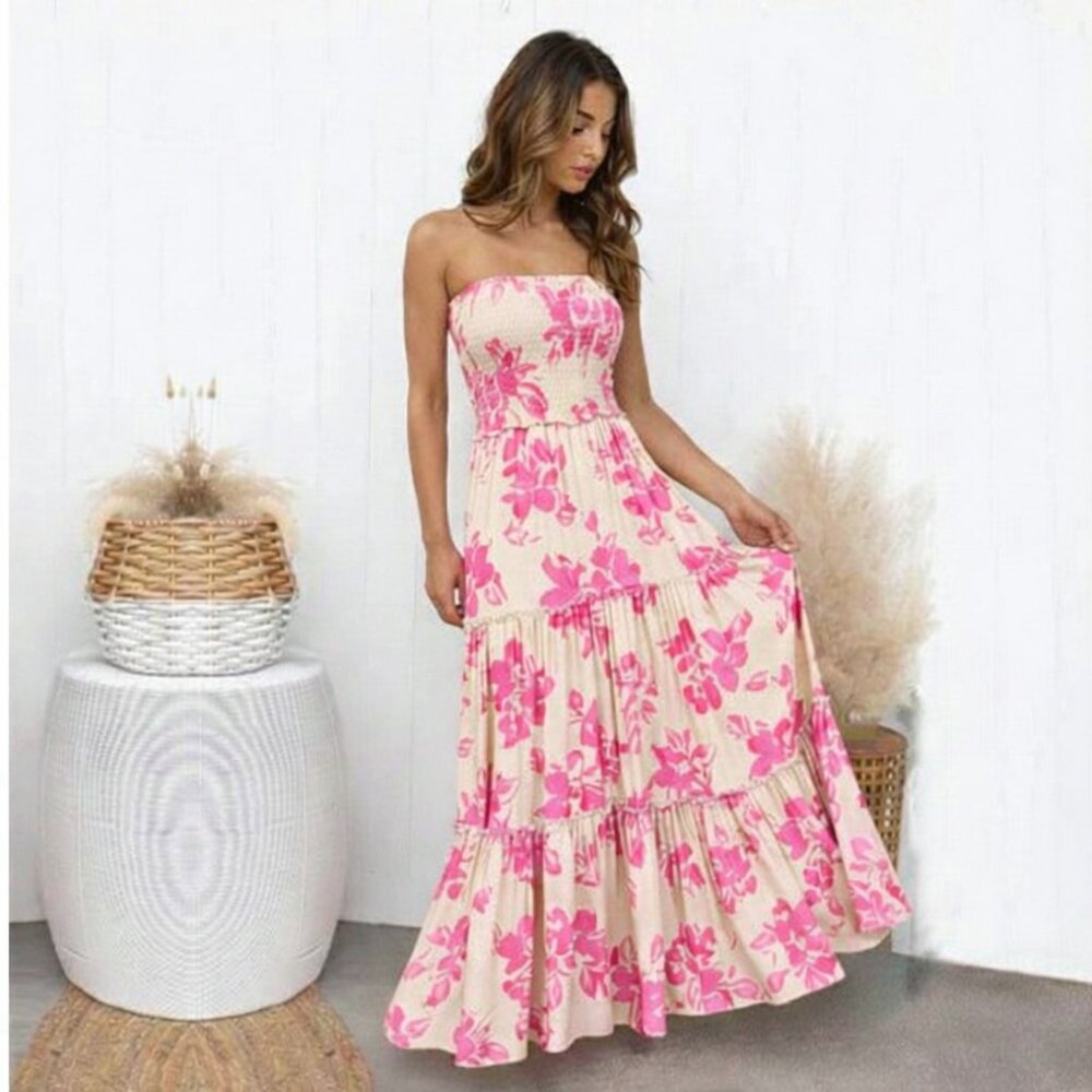 Strapless Maxi Dress in Cream with Pink Floral Print